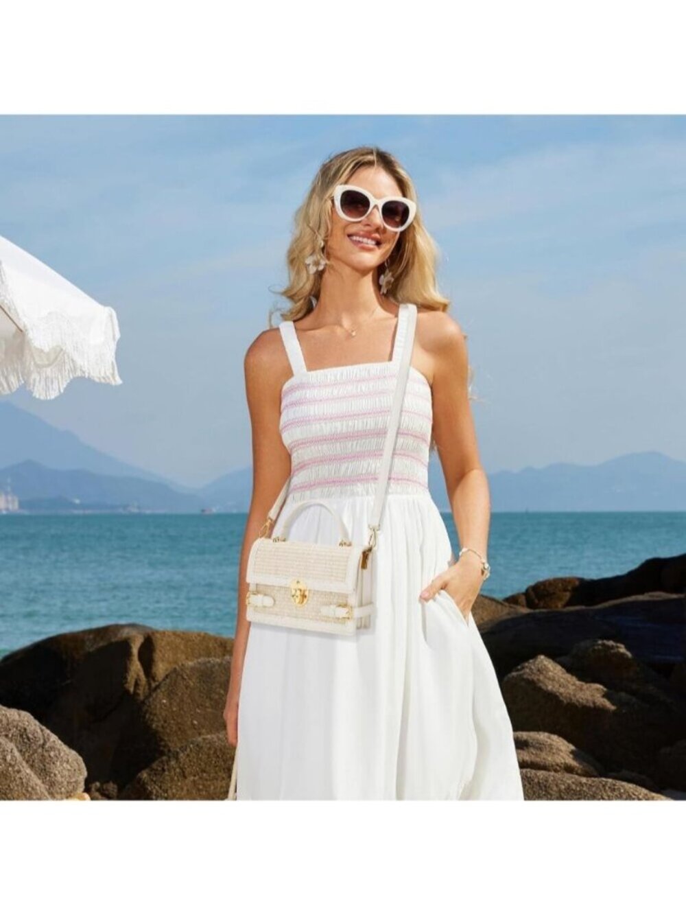 〽️Women's Beige Summer Beach Shoulder Small Straw Purse Crossbody Handbag - Picture 3 of 6